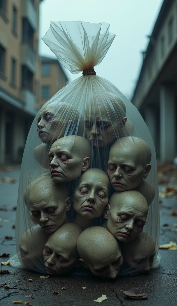 Best image quality, masterpiece, multiple human heads in one transparent trash bag, heartbroken expression, detailed skin expression, detailed image texture, brutal, grotesque, horror, gloomy atmosphere, (not ai image), cloudy weather, abandoned trash bag