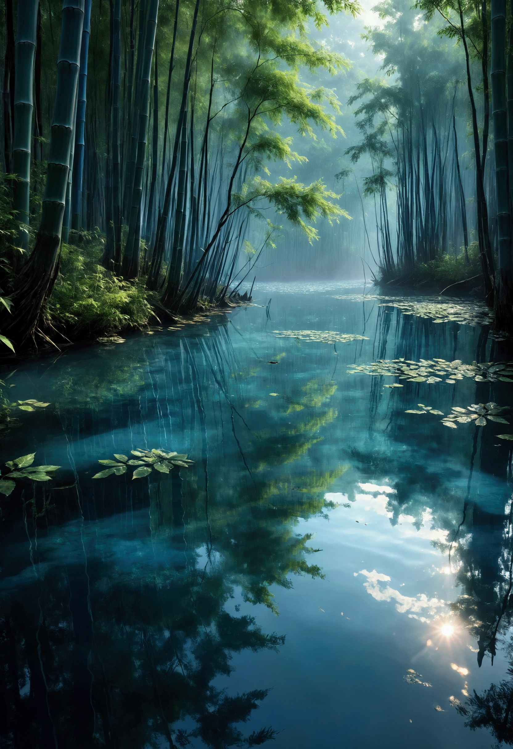 Capture an award-winning, ultra-realistic artistic landscape photograph featuring a thick blue bamboo forest standing at the edge of a serene, clear water lake. The scene is bathed in a soft blue hue, creating an ethereal and surreal atmosphere. The bamboo stalks are tall and slender, their deep blue tones reflecting perfectly on the glassy surface of the lake, forming a mesmerizing mirror illusion that blurs the line between reality and reflection. The water is so still and clear that the forest seems to extend infinitely into the depths, creating a dreamlike composition where the natural elements and their reflections blend seamlessly. The atmosphere is tranquil and otherworldly, with the cool blue tones evoking a sense of calm and mystery. The photograph should capture the intricate details of the bamboo leaves and stalks, as well as the subtle variations in the water’s surface, all rendered with high-definition clarity. The overall composition should evoke a sense of serene beauty and surrealism, as the thick bamboo forest and its perfect reflection create a visually stunning, almost magical landscape that invites the viewer into a peaceful, otherworldly realm.