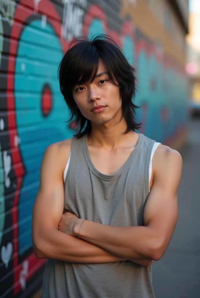 A handsome young Asian man of 20 years old with straight black hair with a mullet style haircut, brown eyes, white skin, medium build, messy hair, wearing a black shirt. He poses crossing his arms while turning to the camera