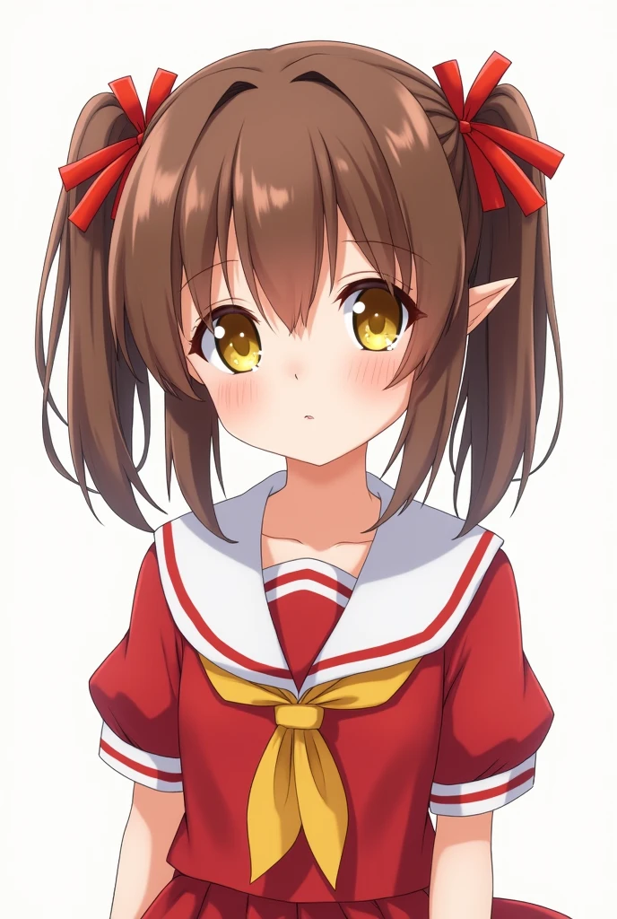 Overlooking、Image from the chest up、Girl、White skin、Brown Hair、Twin tails、Red hair laces、Glass-like yellow eyes、Red Sailor Suit、Rozen Maiden、Pink Lips、Expressionless、Brown eyelashes、Short eyebrows、Looking up、Bangs that aren't straight、White background、delicate、Ball jointed doll、Pointed Ears、Anime Style