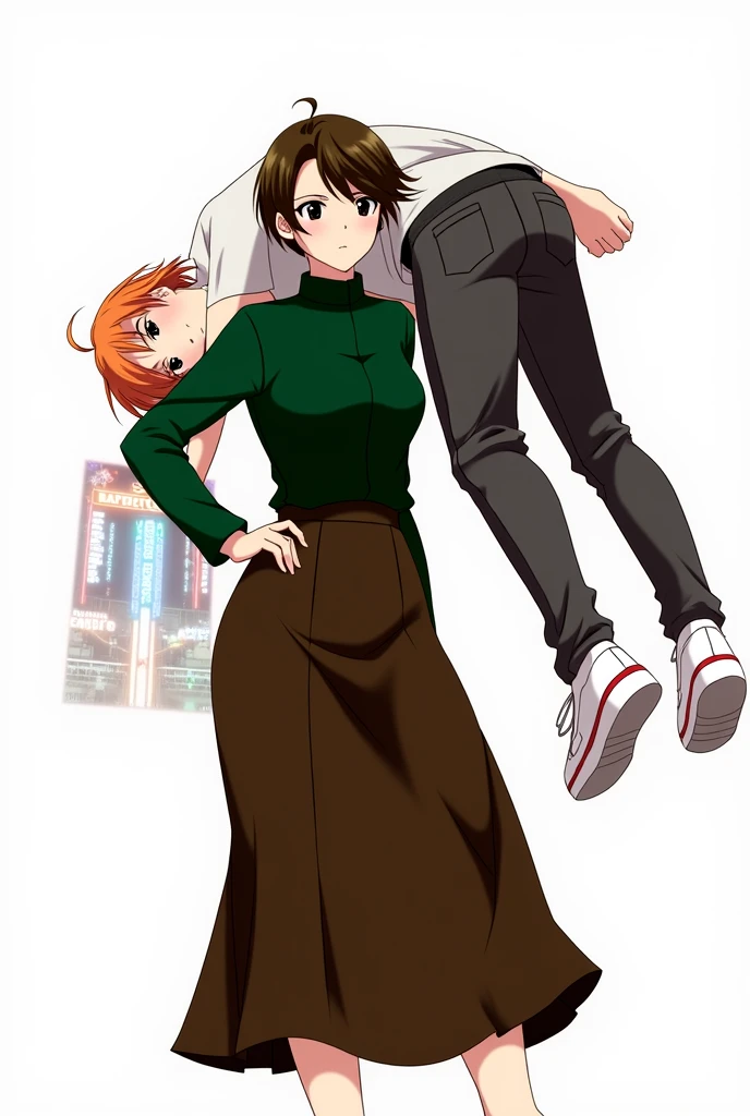 A girl with very short dark brown hair, in a dark green shirt, a long dark brown skirt, with black eyes, holds on the shoulder a guy in dark gray pants, a white T-shirt, with orange hair, anime art, realistic, overdetalization, overdetalized hands, overdetalization of the face