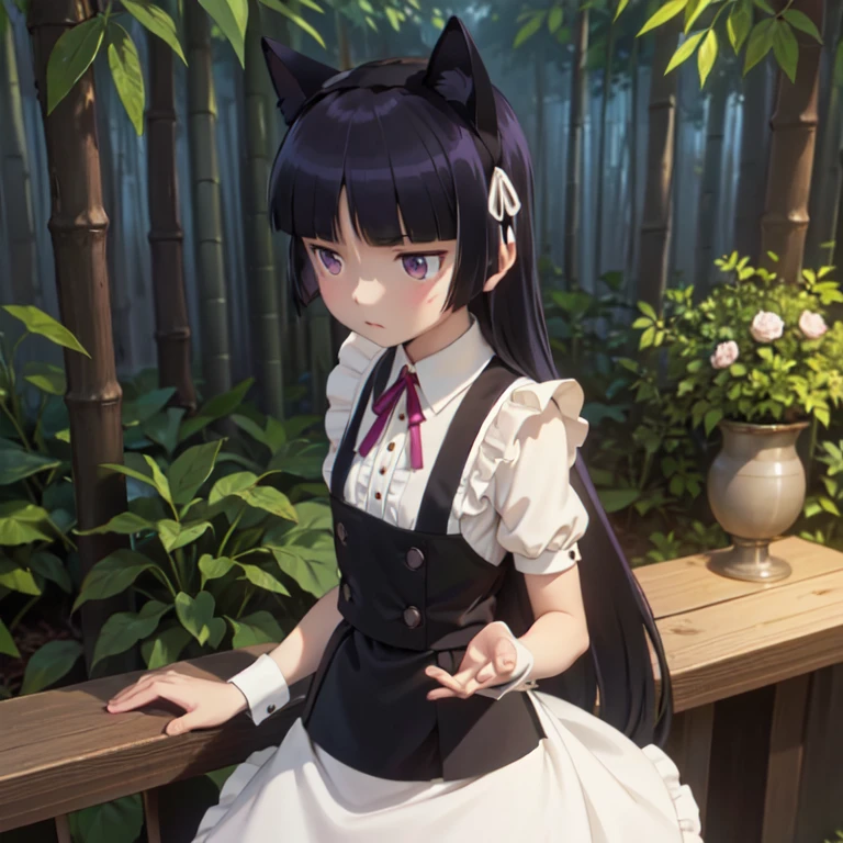 Standing in the bamboo forest, Moonlight shines in, Silence and mysticism, (ruri gokou), , alone, Hime cut, Long Hair, Maid clothes, Cat ear, stockings, Black Tail, (apronスカート), Midi Skirt, stockings, apron, Frills, ribbon, collar, cuffs,