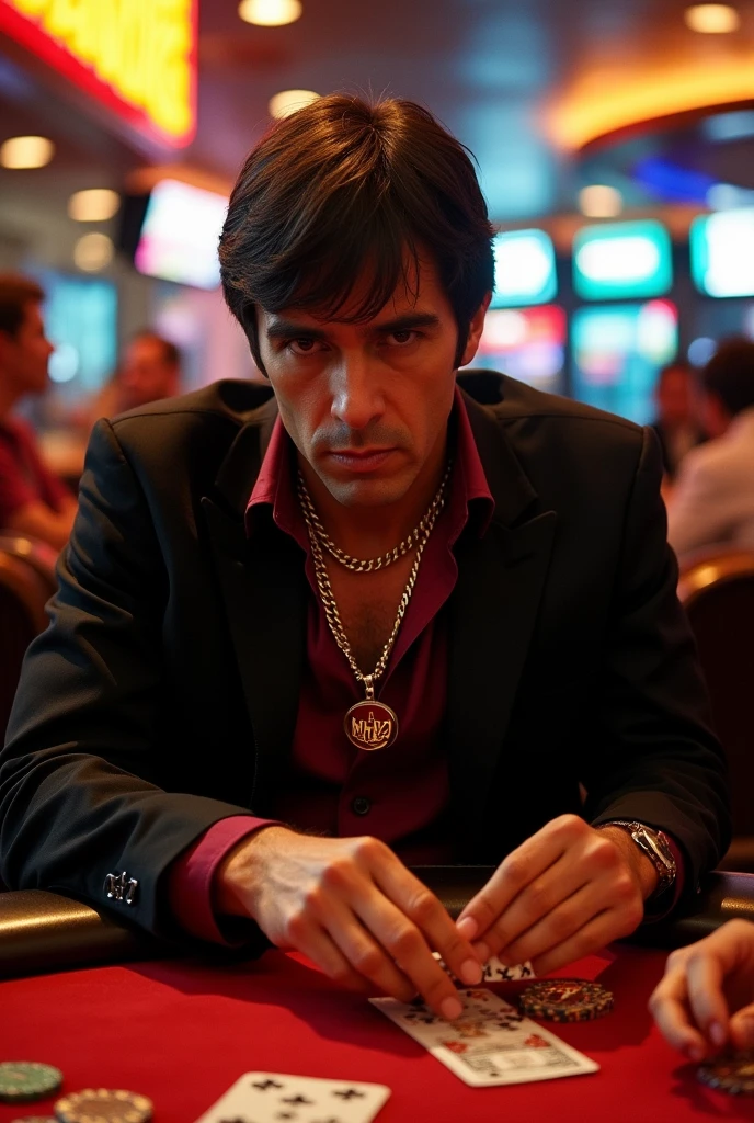 Create Scarface from the movie dressed in a wine-colored shirt, with a gold chain and black jacket playing poker at the casino and carrying a license plate that says MHZ