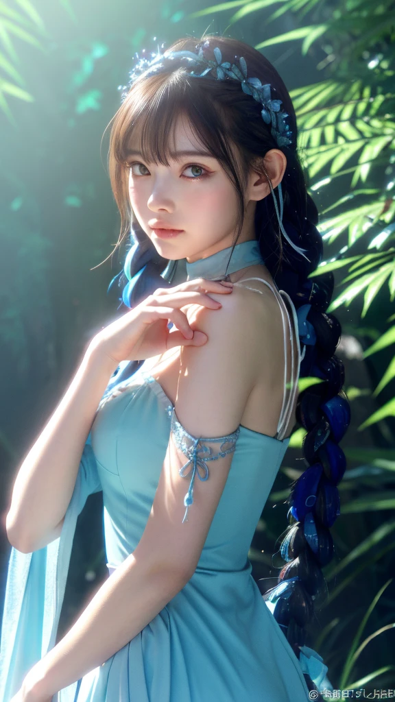 Create an anime-style artwork of an elven girl with long, braided powder blue hair. She has delicate features, pointed ears, and wears a flowing gown in the same powder blue color, with intricate silver arm bracers. The scene is set in a sunlit forest, with soft light filtering through the trees, giving a serene and magical atmosphere.