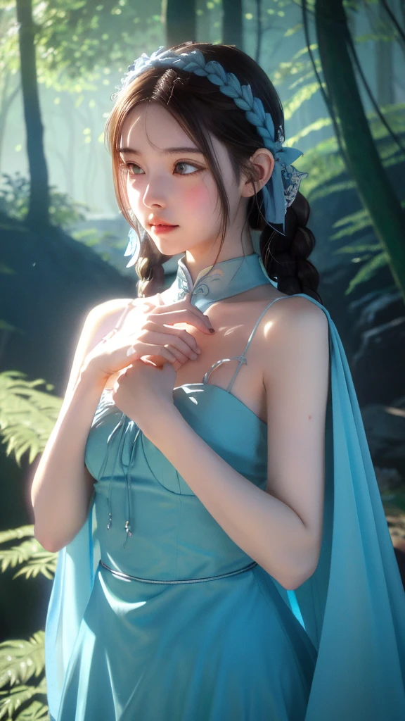 Create an anime-style artwork of an elven girl with long, braided powder blue hair. She has delicate features, pointed ears, and wears a flowing gown in the same powder blue color, with intricate silver arm bracers. The scene is set in a sunlit forest, with soft light filtering through the trees, giving a serene and magical atmosphere.