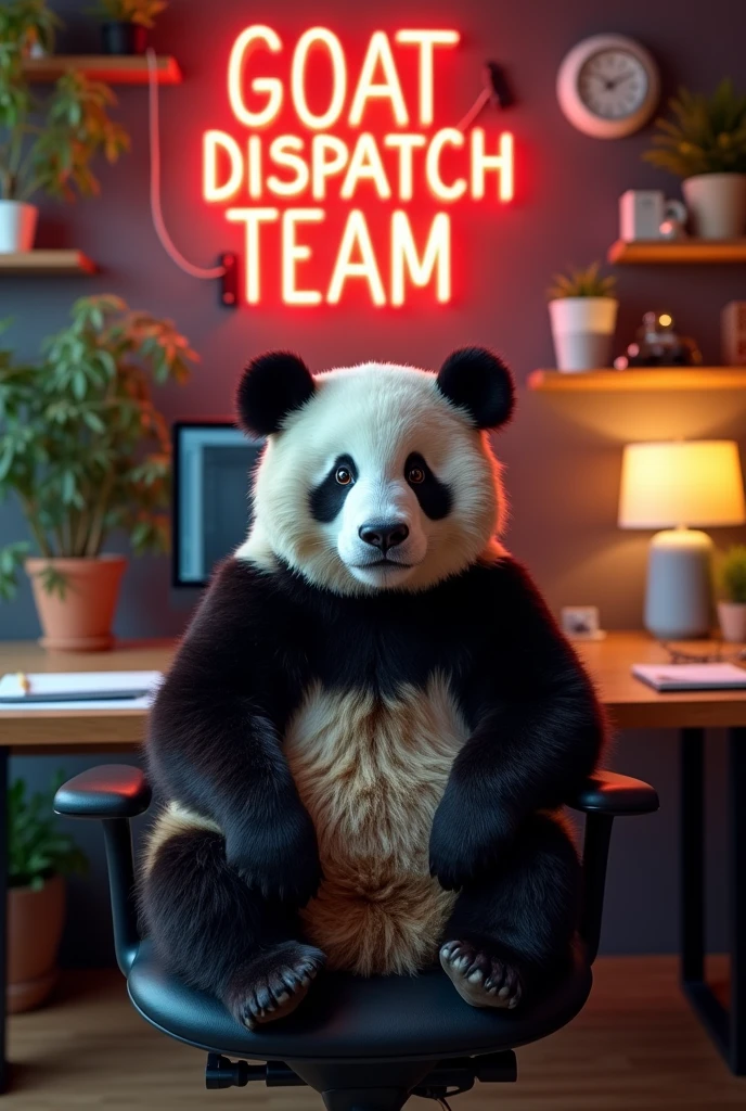 serious panda sitting in the chair at office under letter “GOAT DISPATCH TEAM”