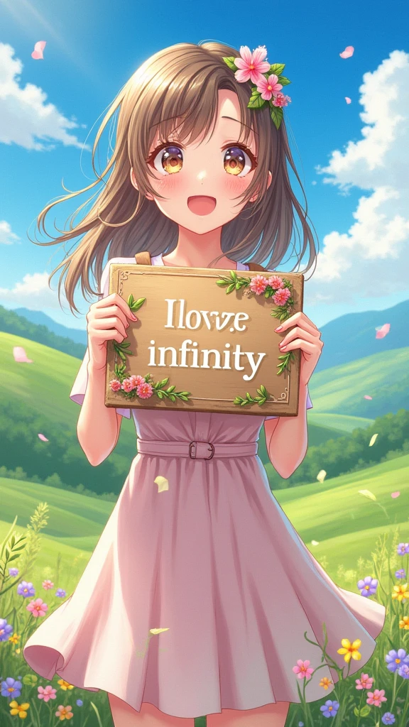 A beautiful and cute woman holding up a sign "I love infinity", Joyful, Happy, Anime illustration, Realistic, oil