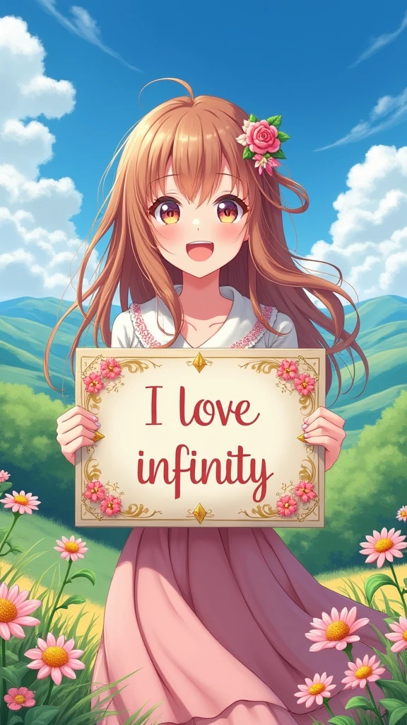 A beautiful and cute woman holding up a sign "I love infinity", Joyful, Happy, Anime illustration, Realistic, oil