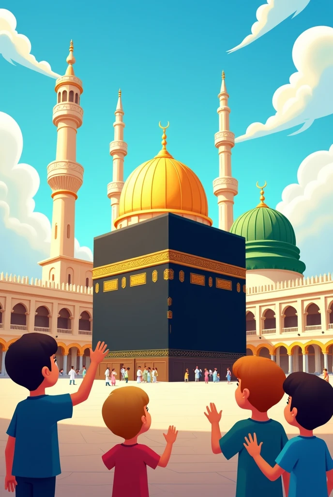 Baitul aqsa, kaba and masjide nababi. These 3 mosques are alltogether in the mind of ren who are being taught about the stories of these mosque.. The images should be in cartoon art style. The three mosques' cartoon painting will be clear and sharp and in one frame.