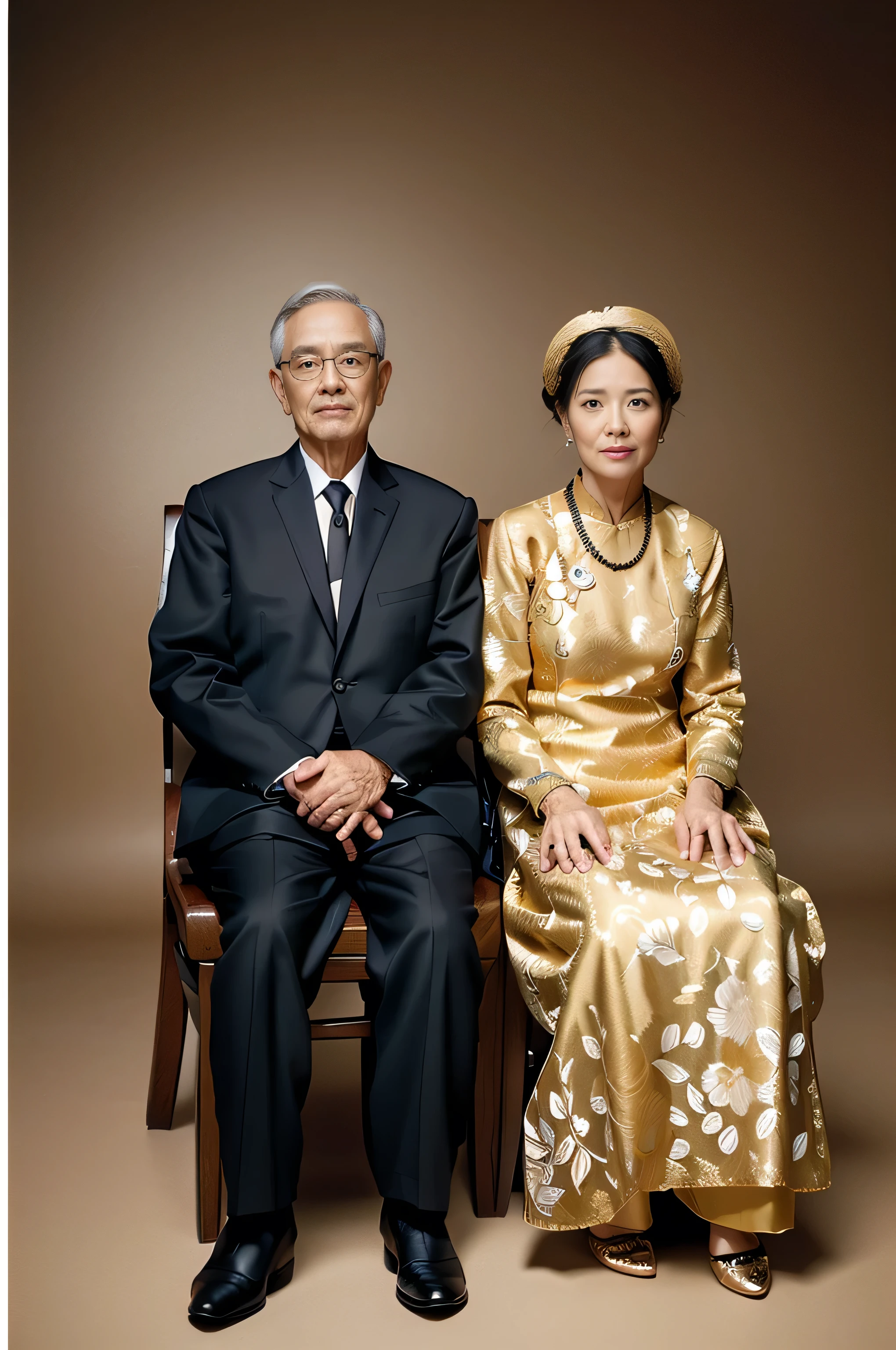 Highly realistic photo, ((masterpiece), (best quality), (raw photo), (photorealistic:1.4), This photo features an elderly couple seated side by side on wooden chairs against a beige gradient background. The man, on the left, is wearing a dark suit, white shirt, and a black tie. He has glasses, short gray hair, and is looking straight ahead with his hands folded on his lap. The woman, on the right, is dressed in a traditional gold áo dài with floral patterns and black accessories, including a black headpiece and necklace. Her hair is gray, tied back, and she has a gentle expression, with her hands resting on her lap. , photo taken by Sony A7IV
