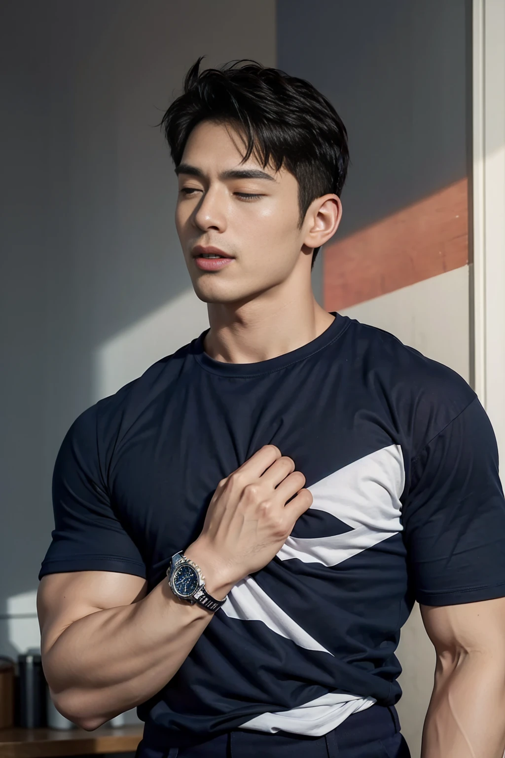 (Create a masterpiece: 1.2),(CGI art:1.3),(realistic:1.5),(After processing:1.3), (Sharp focus:1.3), 1 man, open mouth, smile, (Navy blue round neck t-shirt:1.3), Navy cargo pants, Korean guy , korean men, (High gloss details), chest muscles, large arm muscles, blood vessel, Big muscles, Broad shoulders, looking at the audience, Balancing the eyes, bedroom, Close your eyes.,(open mouth:1.1),A sexy and charming watch