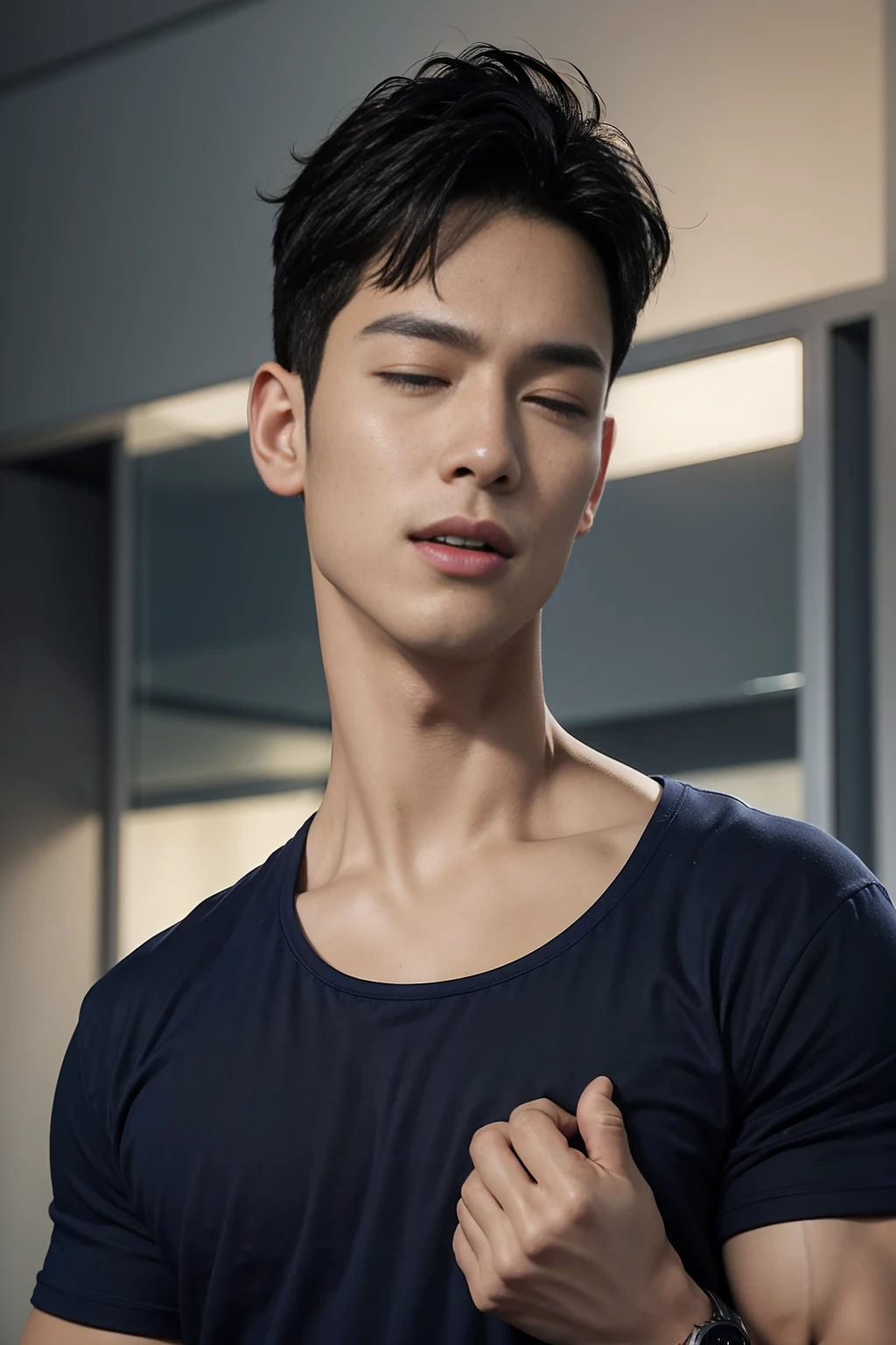 (Create a masterpiece: 1.2),(CGI art:1.3),(realistic:1.5),(After processing:1.3), (Sharp focus:1.3), 1 man, open mouth, smile, (Navy blue round neck t-shirt:1.3), Navy cargo pants, Korean guy , korean men, (High gloss details), chest muscles, large arm muscles, blood vessel, Big muscles, Broad shoulders, looking at the audience, Balancing the eyes, bedroom, Close your eyes.,(open mouth:1.1),A sexy and charming watch