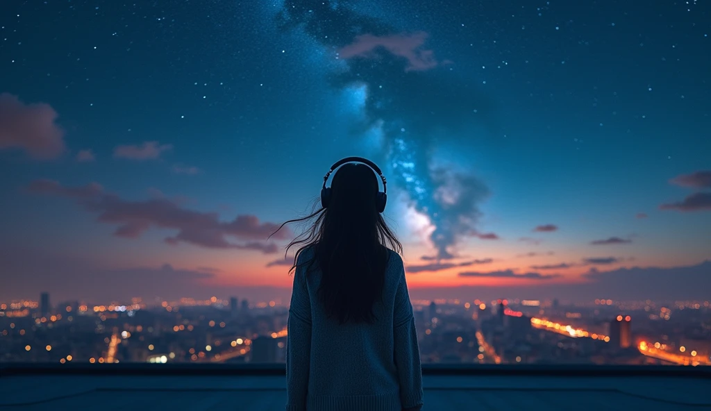 A lonely girl wearing headphones stands on the rooftop of a building under a beautiful starry night sky