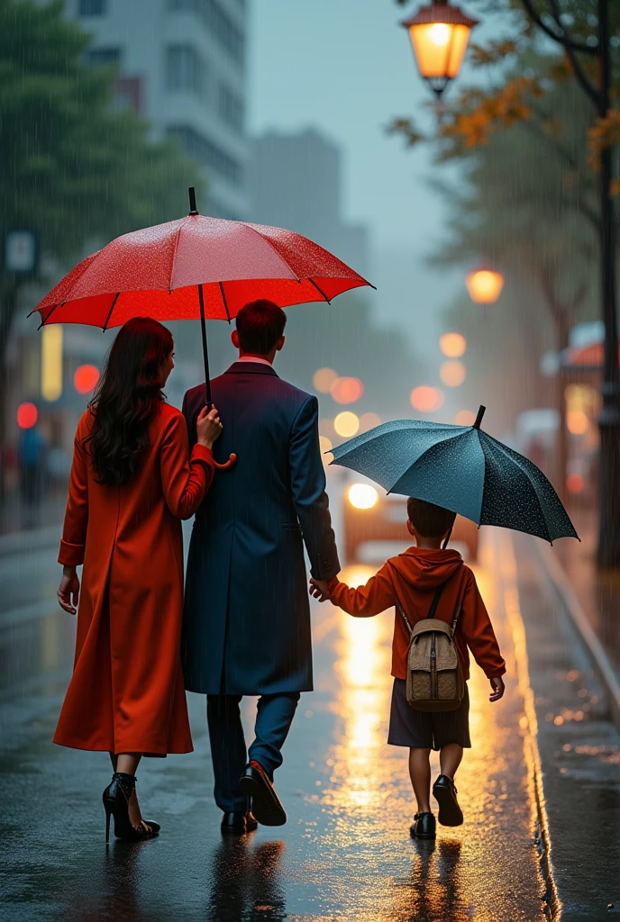 “Create a heartwarming scene of a beautiful couple walking together on a rainy road during a heavy downpour. The man and woman are stylishly dressed, sharing an umbrella as they navigate the wet, glistening street. Suddenly, they notice a small boy nearby, standing alone in the rain and wearing a makeshift sack to protect himself from the downpour.
Moved by the sight, the couple stops and decides to help. They offer their umbrella to the boy, who gratefully accepts it. Capture the moment when the boy removes the sack and takes the umbrella, his face lighting up with happiness. The couple watches him with warm smiles, feeling a deep sense of satisfaction and compassion.
The rain continues to fall heavily, with the street reflecting the city lights, adding a magical glow to the scene. The couple, now without an umbrella, stands close together, still smiling as they watch the boy walk away under the protection of the umbrella. Emphasize the emotional connection and kindness in this scene, with intricate details in the rain, the couple’s expressions, and the boy’s newfound joy.”
