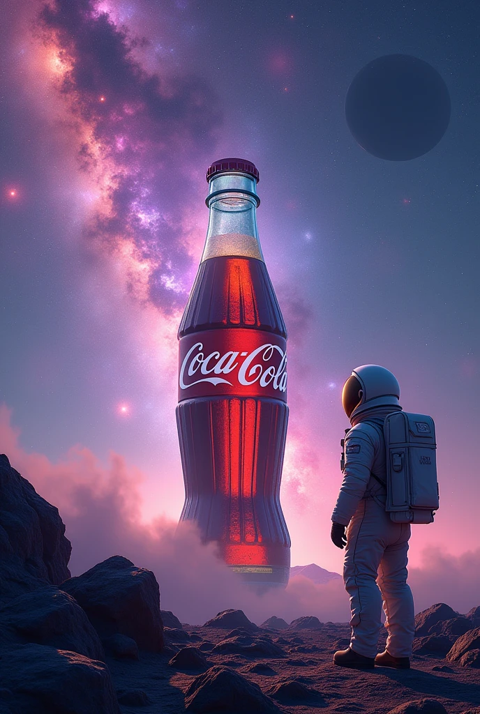 A captivating cinematic photo of a towering Coca-Cola bottle, set against a breathtaking cosmic backdrop filled with swirling nebulae,twinkling stars, and a distant, mysterious planet. A lone astronaut, dressed in a spacesuit with a backpack and helmet, stands in the foreground, facing the iconic bottle. The astronaut is positioned on a foreign, rocky terrain that resembles a barren moon or alien planet. The Coca-Cola bottle emits a bright, inviting light, casting a warm glow that starkly contrasts the dark, cold expanse of space. The scene evokes a sense of adventure, exploration, and the boundless possibilities of the universe., photo, cinematic