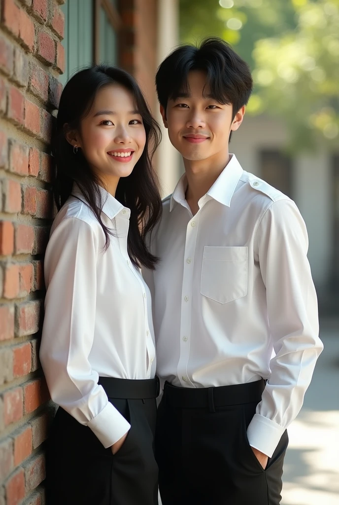 they are standing next to each other holding hands, lovely couple, wearing white cloths, happy couple, wearing a formal dress, couple, couple portrait, formal attire, ruan jia and fenghua zhong, wedding photo, couples portrait, wearing white clothes, in front of white back drop, wearing white shirt, hoang long ly, white sleeves