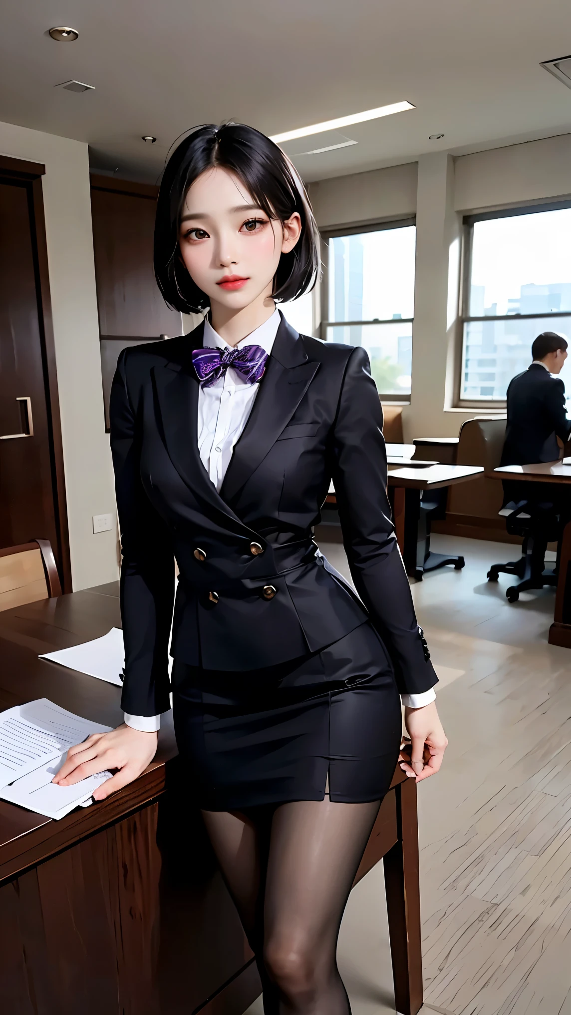 (full body shot), one girl, light smile, Glowing bronze skin, best quality, masterpiece, (realistic:1.4), (((I have a lot of fine muscles all over my body.)), (((tight waist))), ((Dress modestly 속에 보이는 그녀의 탄탄한 몸매))、(Domineering expression), I can see your abs, muscular, bijouterie, black short hair, Short bob hairstyle that reaches her shoulders, pointed nose, pretty face, Dress modestly, All Black Suit(skirt) Set, Coffee-colored stockings, Has purple eyes. Office inside the Magic Age, He is holding a document for approval. Colorful butterflies are flying around him.