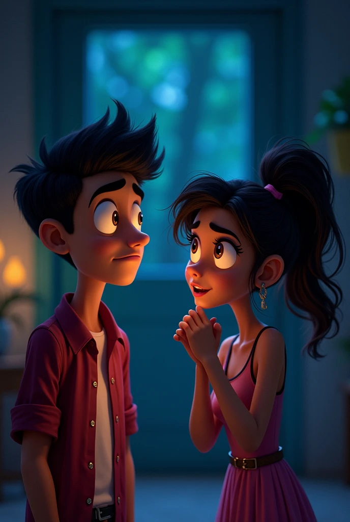 Aryan and Sia looking nervous yet excited as they respond affirmatively in the dark room."look like a cartoon animation