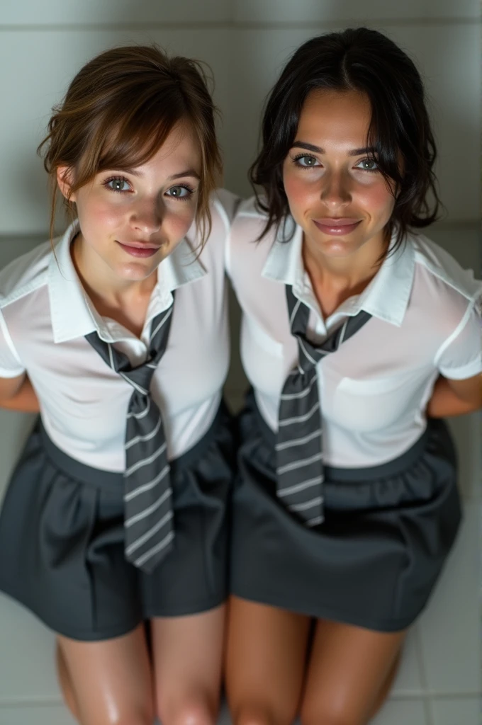 Realistic photo from above of two slim pretty -yeld Casian women. One has short light-brown hair. The other has short dark-brown hair. They are wearing tight white wet shirts. They are not wearing a bra. They are wearing dark-grey striped ties. They are wearing dark-grey pleated skirts. They are kneeling in a shower. They are looking up to the camera. They both have both hands behind their backs. Their mouths are slightly open. Their hair and clothes are soaking wet. Their nipples are visible through the fabric of their shirts. They are lit by the camera flash. 