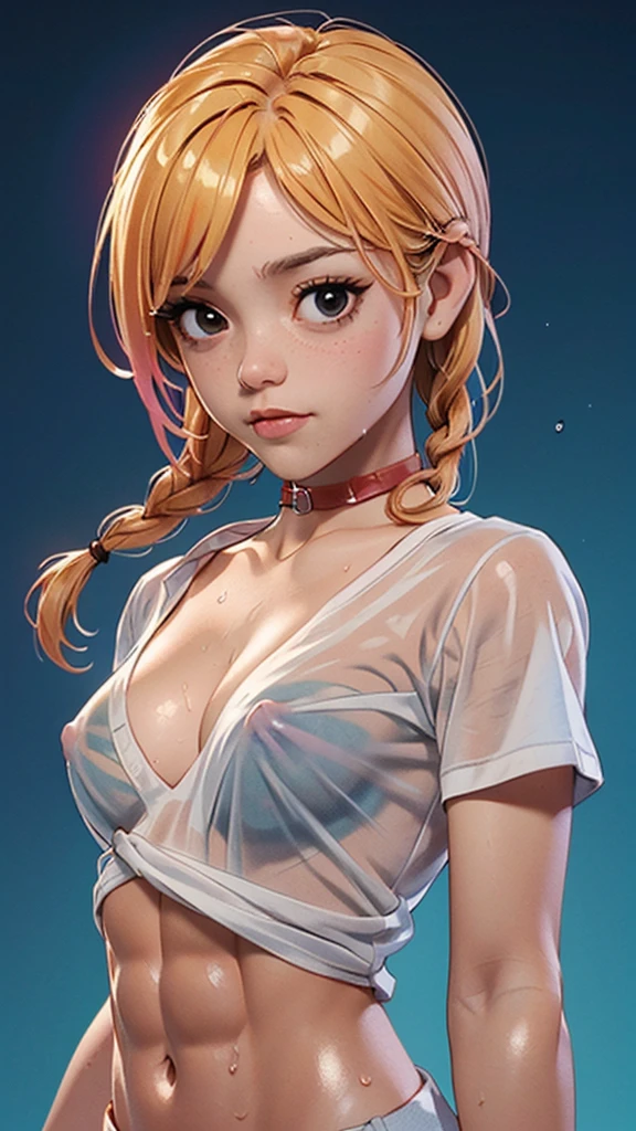 one girl, solo, (abs:1.5), slender body, fit body, (upper body, bust:1.2), (black eyes:1.3), blonde hair, (two cute braids:1.2), masterpiece, highly detailed, look at viewer, front view, (small breasts, tiny breasts, male chest, exposed breasts, deep cleavage:1.5), (transparent white t-shirt, wet t-shirt, choker:1.4), (studio lights, blured background, glowing edges of image, shiny blured background, gradient sprayed background, colorful background:1.3), expressing joy, (nipples:1.1)