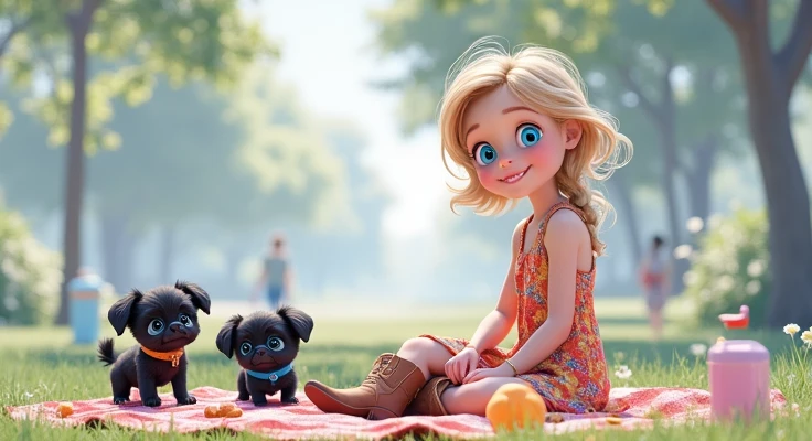Cute blonde girl, , blue eyes, wearing dress and cowboy boots, 2 adorable black shih tzu puppies with blue eyes wearing bright collars and sunglasses have picnic at park 3D Pixar style