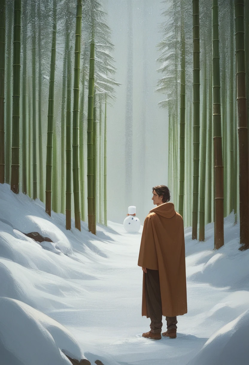 Eyes looking into the distance illustration composition composition full body painting handsome ancient costume long-haired handsome guy character corridor enjoys the snow,Background is a corridor or pavilion,Composition needs to have snowflakes and plants covered in snow,There are bamboo, pine trees, and a snowman. The character is wearing casual clothes.,The tunic is draped over the shoulders(This must be the feeling of an outer garment worn on the body,It can have an undergarment,No need for a cloak) Character in traditional Chinese style,Hair can be loose or half-tied,The overall feeling should be relaxed and lazy. There is a hawk beside him