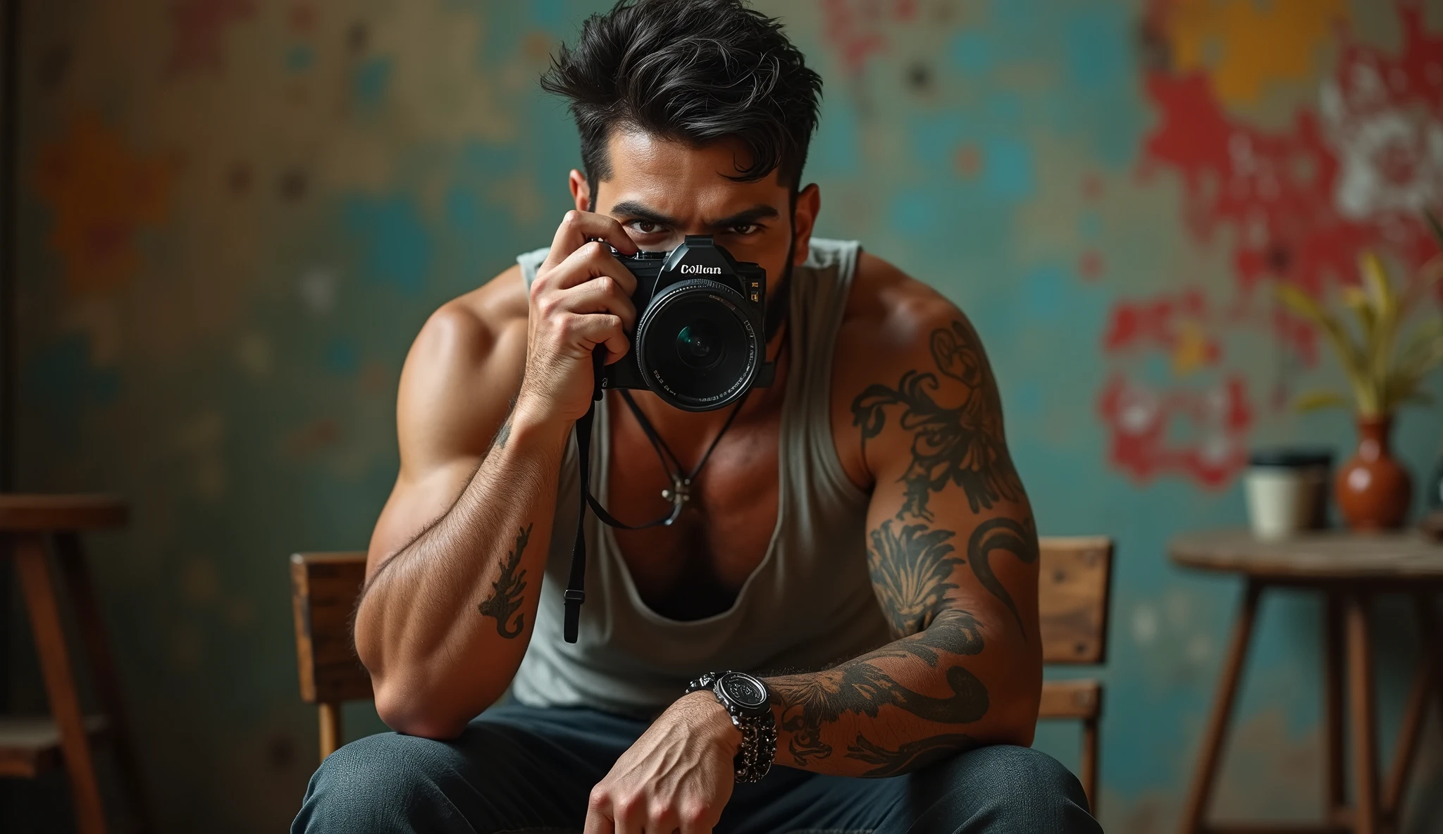 a close up of a man sitting on a stool holding a camera, mid-shot of a hunky, roshan, he is a rockstar, photoshoot, handsome and attractive, in a menacing pose, a handsome, handsome man, intense look, mm, profile pic, muscular!!!, morning shot, stylish pose, fan art, f 2, f2