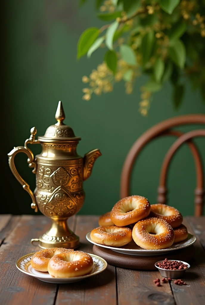 A samovar with a plate of bagels against a green background photograph, 4k