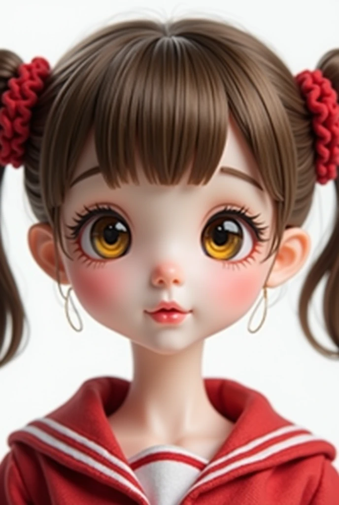 Overlooking、Image from the chest up、Girl、White skin、Brown Hair、Twin tails、Red hair laces、Glass-like yellow eyes、Red Sailor Suit、Rozen Maiden、Pink Lips、Expressionless、Brown eyelashes、Short eyebrows、Looking up、Bangs that aren&#39;t straight、White background、delicate、Ball jointed doll、Pointed Ears、Game Style