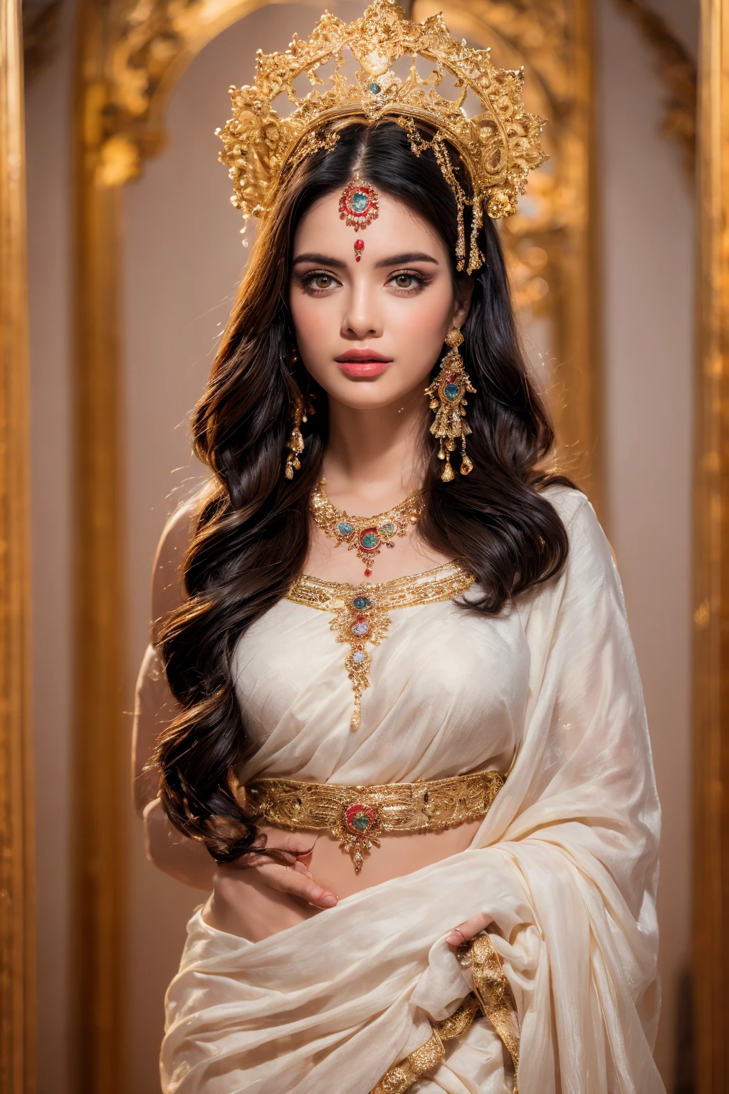 ((Best quality, 8k, Masterpiece :1.3)), Sharp focus :1.2, Generate a realistic image of a beautiful sexy Indian woman dressed in a white Kasava saree, adorned with traditional ornaments, standing in a well-lit room with cinematic lighting. ((Front view, random elegant pose)), and there is a sense of grace and elegance in her posture. The background should complement the scene, enhancing the overall aesthetic appeal of the image. Photography by Brandon Woelfel, Full shot: Canon EF 16-35mm f/2.8L III USM lens on a Canon EOS 5D Mark IV camera, ultra realistic, 32k, HD