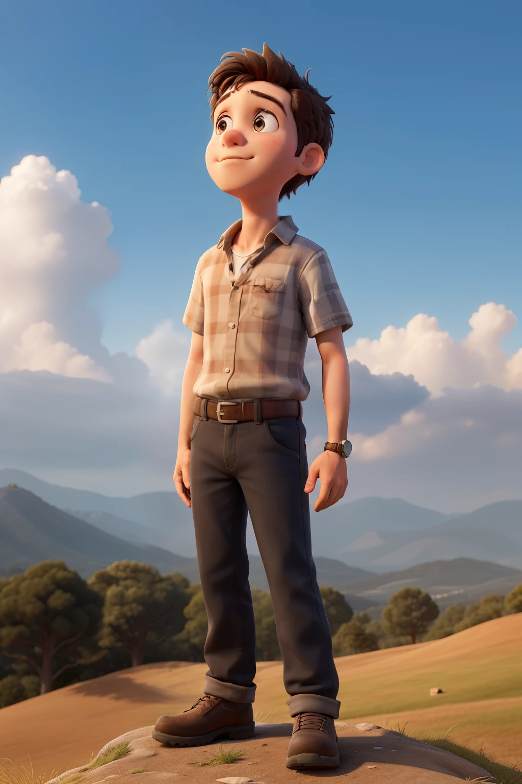 a boy standing on the hills and waching to the sky