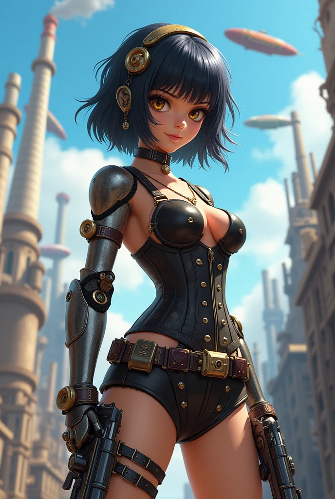 score_9_up score_8_up score_7_up, 1girl, medium black hair, hazel eyes, cyborg steampunk hybrid, android, (mechanical arms, mechanical legs, cyborg, prosthesis),(holster,harness, two steampunk handguns), intricate corset, pointed handguns, action, action_pose, viewed_from_side, depth_of_field, detailled background, steampunk city, dystopian city, clear blue Sky, steampunk aircraft ,DonMSt34mPXL, steampunk