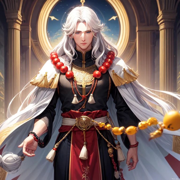 A very handsome, tall, and strong cultivator immortal with long white hair and blue eyes, holding a string of prayer beads. 