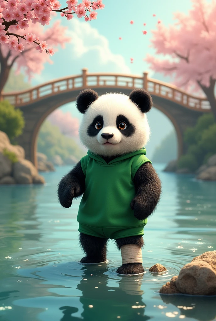 A panda wearing a green shirt with an injured leg,Standing by the river,Fear of crossing the river,Cute realistic style,Chinese style in the background