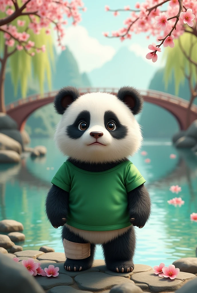 A panda wearing a green shirt with an injured leg,Standing by the river,Fear of crossing the river,Cute realistic style,Chinese style in the background