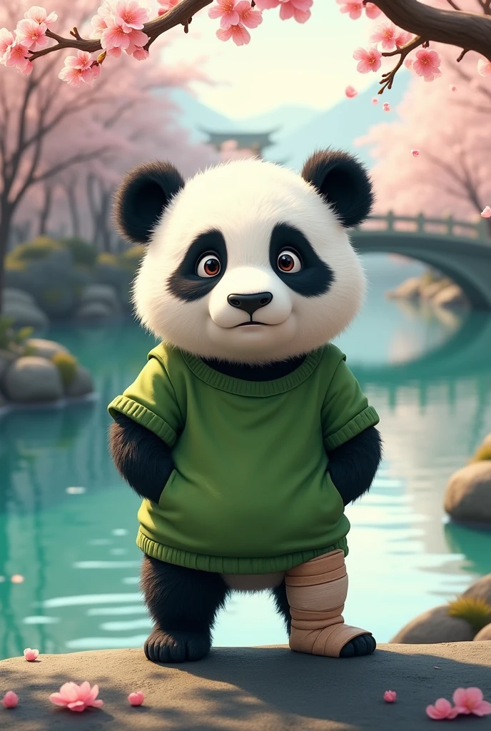 A panda wearing a green shirt with an injured leg,Standing by the river,Fear of crossing the river,Cute realistic style,Chinese style in the background
