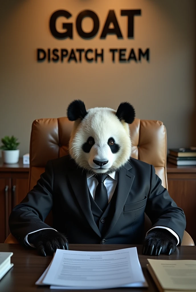 serious panda with suit sitting in in the chair at office under letter “GOAT DISPATCH TEAM”
