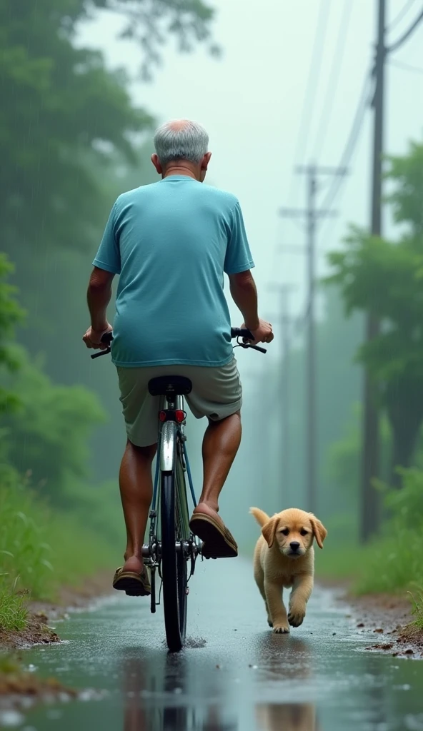 Mr. Tu is an old man over 60 years old., skinny, dark skin, short neat silver hair. He wore a light blue short-sleeved shirt., light gray khaki pants, One foot wearing brown rubber slippers. Almost home, a naughty puppy runs after his bike 3d picture of rainy weather 