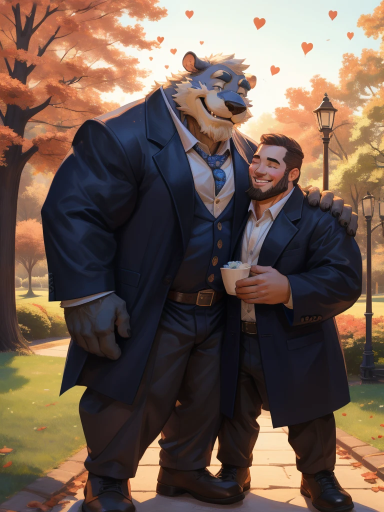 4K, detailed, soft color, Vintage images, highres, park, unparalleled masterpiece, absurdres, love story of human old man and giant huge Muscular furry, hug, hugging, pair, Height difference, Physical difference, perfect anatomy, smile, joyful, play with, smile, happy