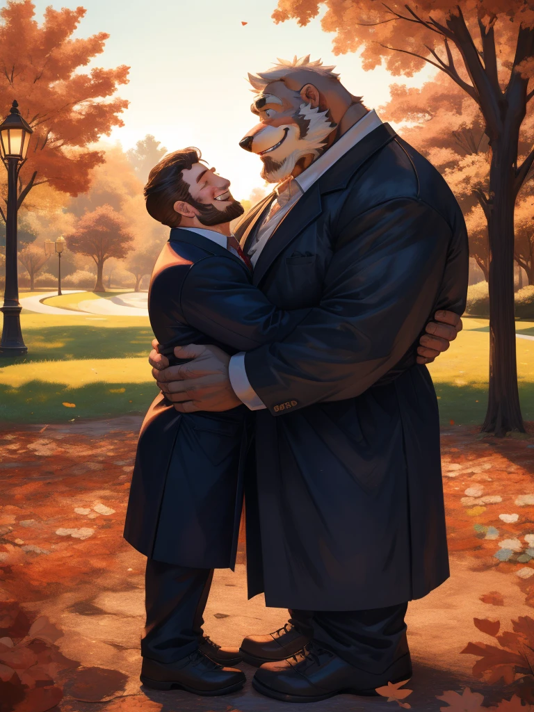 4K, detailed, soft color, Vintage images, highres, park, unparalleled masterpiece, absurdres, love story of human old man and giant huge Muscular furry, hug, hugging, pair, Height difference, Physical difference, perfect anatomy, smile, joyful, play with, smile, happy