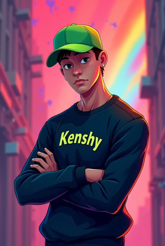 Make me an animated logo of a guy with a green cap turned down with a black sweater with his arms crossed that says "Kenshy"
