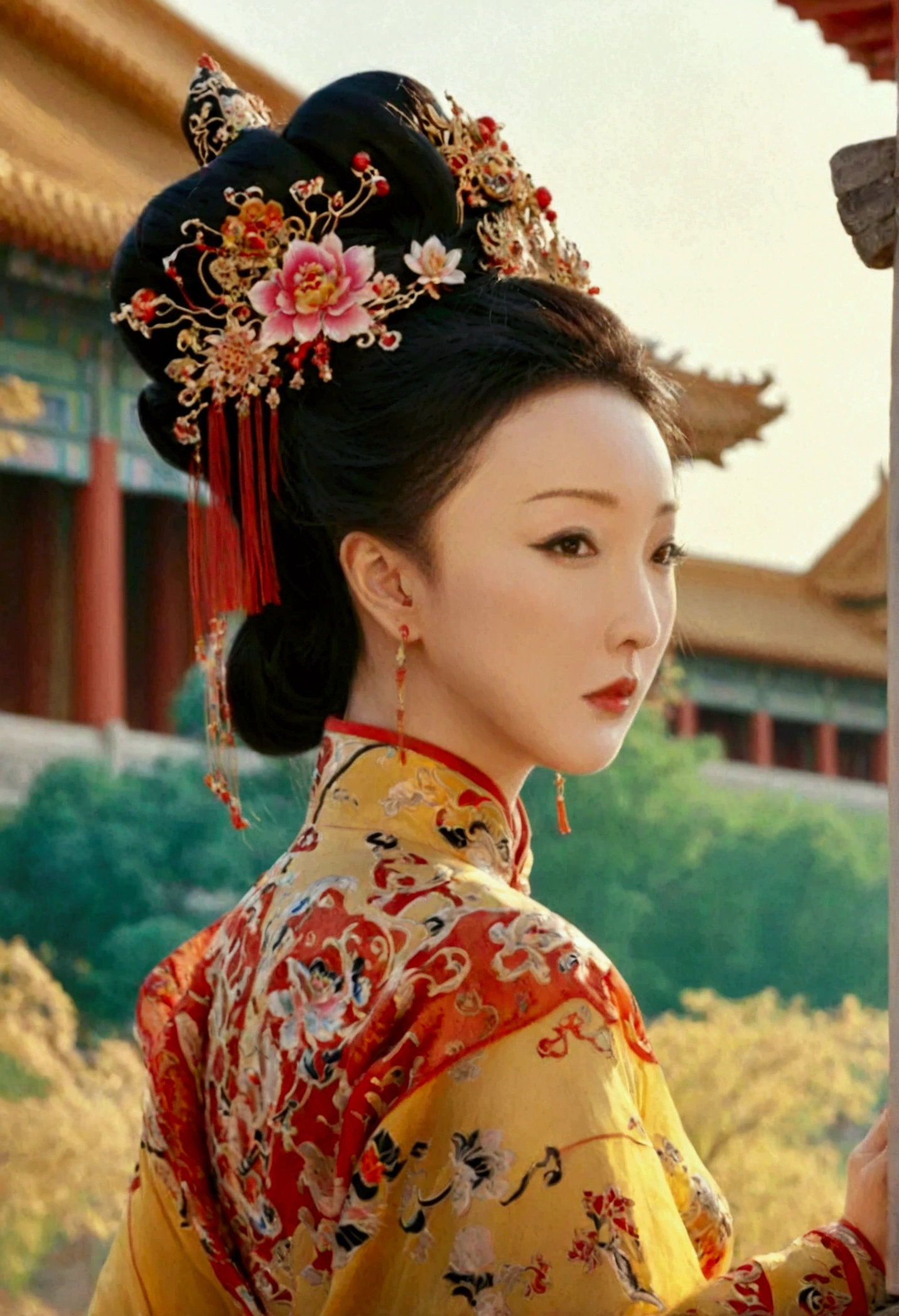 The Empress of the Qing Dynasty was naked and had slightly large breasts., Pose on all fours, You can see her sticking out her butt from the side., The background is outside of a Qing Dynasty palace