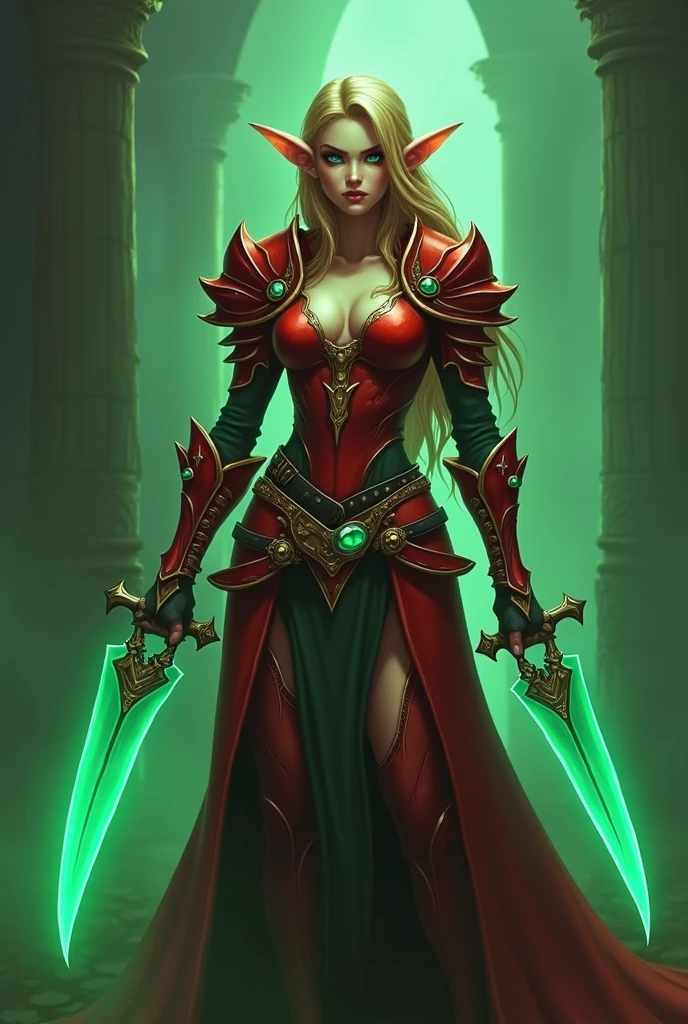 Game theme World of Warcraft Image of a female elf ,Beautiful and gorgeous elf, 32 years old, with blonde hair, standing, holding two favorite shiny green Jambiya daggers, one in each hand. ,blood elf Assassin Wow, wide hips, narrow waist, gigantic breasts,  Long elf ears, Very bright, glowing green eyes, Red Light female Assassin Armor with emeralds , Red Pauldrons, Red skull Pauldron with emeralds, Gold and Red Chestpiece, Red and black Gauntlets, Black tabard,  dramatic tones.  A masterpiece with the highest resolution. , Surrealist image type