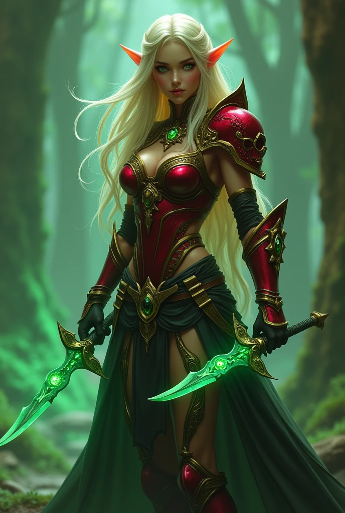 Game theme World of Warcraft Image of a female elf ,Beautiful and gorgeous elf, 32 years old, with blonde hair, standing, holding two favorite shiny green Jambiya daggers, one in each hand. ,blood elf Assassin Wow, wide hips, narrow waist, gigantic breasts,  Long elf ears, Very bright, glowing green eyes, Red Light female Assassin Armor with emeralds , Red Pauldrons, Red skull Pauldron with emeralds, Gold and Red Chestpiece, Red and black Gauntlets, Black tabard,  dramatic tones.  A masterpiece with the highest resolution. , Surrealist image type