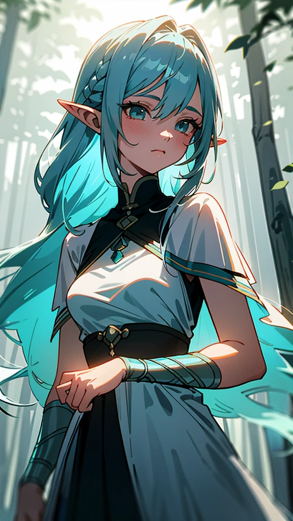 Create an anime-style artwork of an elven girl with long, braided powder blue hair. She has delicate features, pointed ears, and wears a flowing gown in the same powder blue color, with intricate silver arm bracers. The scene is set in a sunlit forest, with soft light filtering through the trees, giving a serene and magical atmosphere.