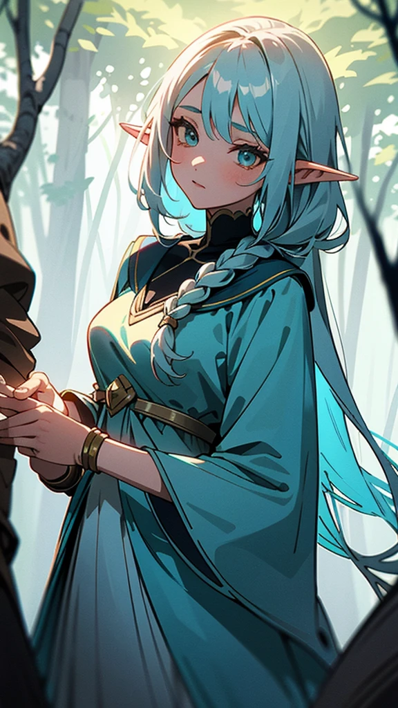 Create an anime-style artwork of an elven girl with long, braided powder blue hair. She has delicate features, pointed ears, and wears a flowing gown in the same powder blue color, with intricate silver arm bracers. The scene is set in a sunlit forest, with soft light filtering through the trees, giving a serene and magical atmosphere.