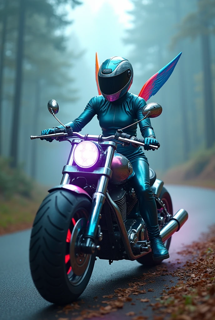 A beautiful, athletic Aphrodite rider in full gear, looking down ahead as you speed along a bright foggy forest road, an athletic Aprodith, leather puppet costume. The dress has a futuristic spectrum neon effect., holding a large futuristic wing cannon and emitting,puppet magic. hyper-realistic.
,bright futuristic chrome motorcycle with a sleek futuristic design, blue-red details Phycodurus eques with a unique geometric frame design and large tires,