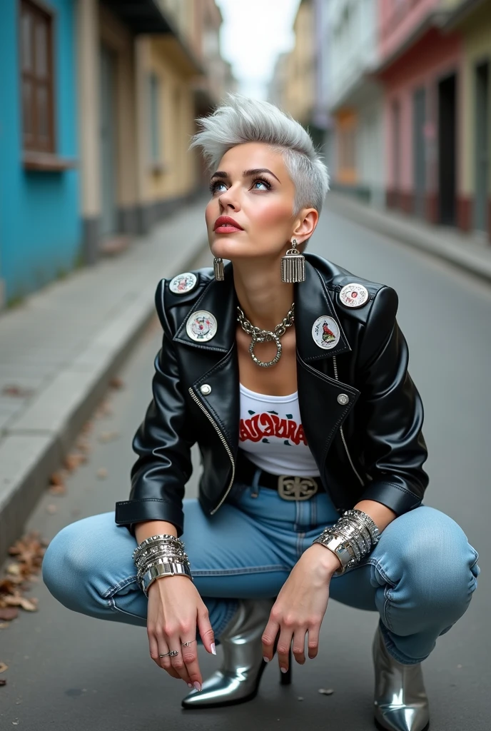 russian old milf woman, grey hair (quiff shaved sides), with very light blue eyes, extremely pale. Wearing cropped black moto jacket (badges on lapels), tank top with rock logo, skinny leather jeans and silver pointy Chelsea boots with cuban heels . Lots of metallic wide silver bracelets, a tacky chain and a padlock as a collar.mTacky studded leather belt with oversized chanel buckle. Wide loop earrings. Kneeling looking up, eyes and mouth wide open in amazement. Tilted head. Tattoed.. Chin up, looking up listening in amazement to God. Well toned abdominals, thin legs and thin arms. Touches her lips with the tips of the fingers of one hand. The other hand in her knee