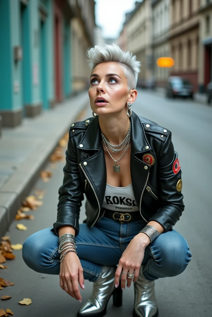 russian old milf woman, grey hair (quiff shaved sides), with very light blue eyes, extremely pale. Wearing cropped black moto jacket (badges on lapels), tank top with rock logo, skinny leather jeans and silver pointy Chelsea boots with cuban heels . Lots of metallic wide silver bracelets, a tacky chain and a padlock as a collar.mTacky studded leather belt with oversized chanel buckle. Wide loop earrings. Kneeling looking up, eyes and mouth wide open in amazement. Tilted head. Tattoed.. Chin up, looking up listening in amazement to God. Well toned abdominals, thin legs and thin arms. Touches her lips with the tips of the fingers of one hand. The other hand in her knee