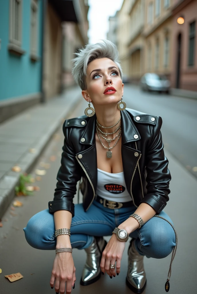 russian old milf woman, grey hair (quiff shaved sides), with very light blue eyes, extremely pale. Wearing cropped black moto jacket (badges on lapels), tank top with rock logo, skinny leather jeans and silver pointy Chelsea boots with cuban heels . Lots of metallic wide silver bracelets, a tacky chain and a padlock as a collar.mTacky studded leather belt with oversized chanel buckle. Wide loop earrings. Kneeling looking up, eyes and mouth wide open in amazement. Tilted head. Tattoed.. Chin up, looking up listening in amazement to God. Well toned abdominals, thin legs and thin arms. Touches her lips with the tips of the fingers of one hand. The other hand in her knee